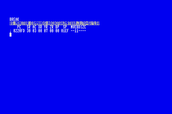Exiting to the MEGA65 monitor from the program, showing the accumulator contains the value 3
