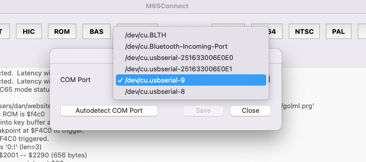 The Connection settings window of the M65Connect app