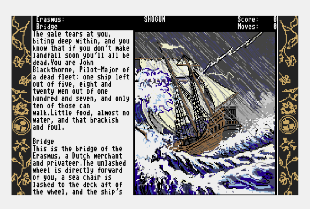 Shogun, a text adventure game with graphic by Infocom, running on Ozmoo for the MEGA65