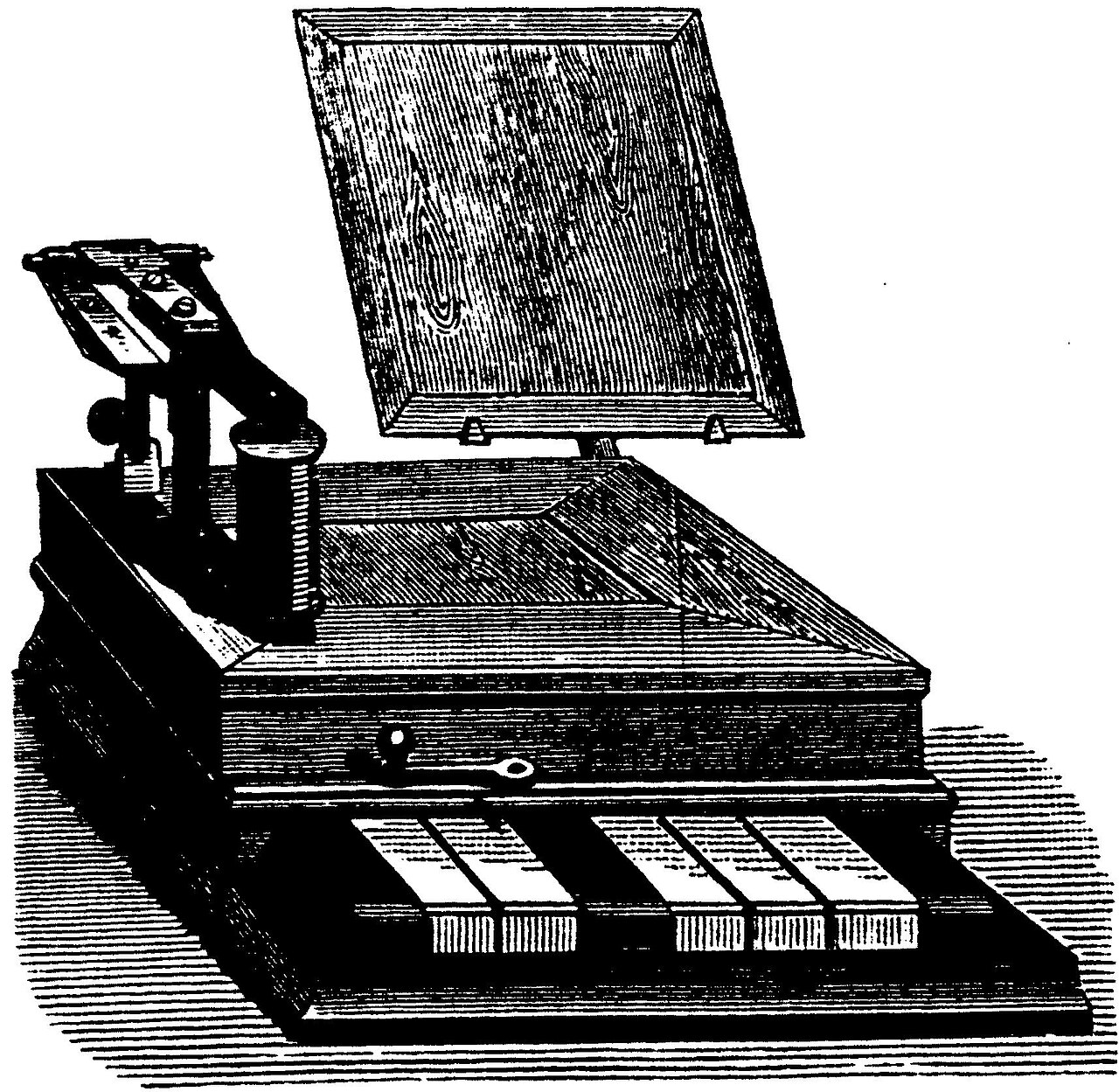 Emile Baudot five keys telegraph keyboard, 1884. Source: Journal telegraphique vol8 N 12 decembre 1884 reprod Eric Fischer History of Character code 1874-1968.