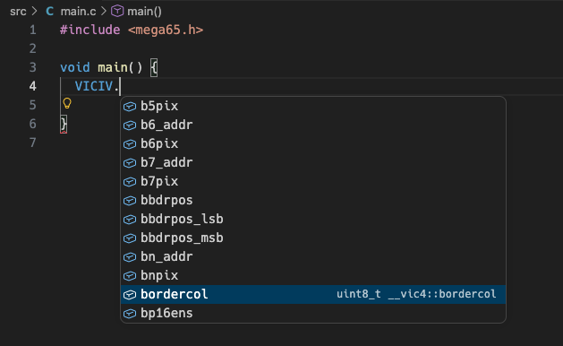 mega65.h name completion in the VS Code IDE