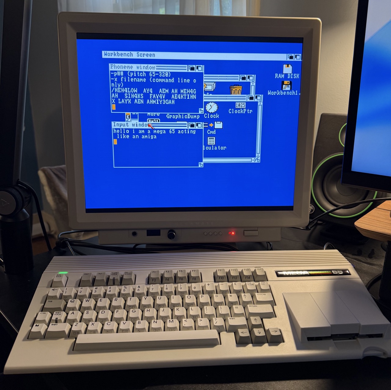 Amiga 500 core for the MEGA65, by sy2002, showing Workbench 1.3 and the Say program
