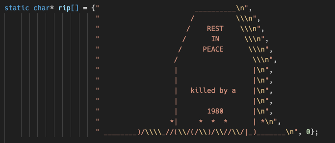 C source for the tombstone ASCII art, 482 bytes