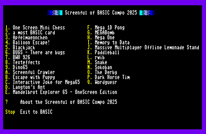 Screenful of BASIC Compo 2025 compilation disk menu