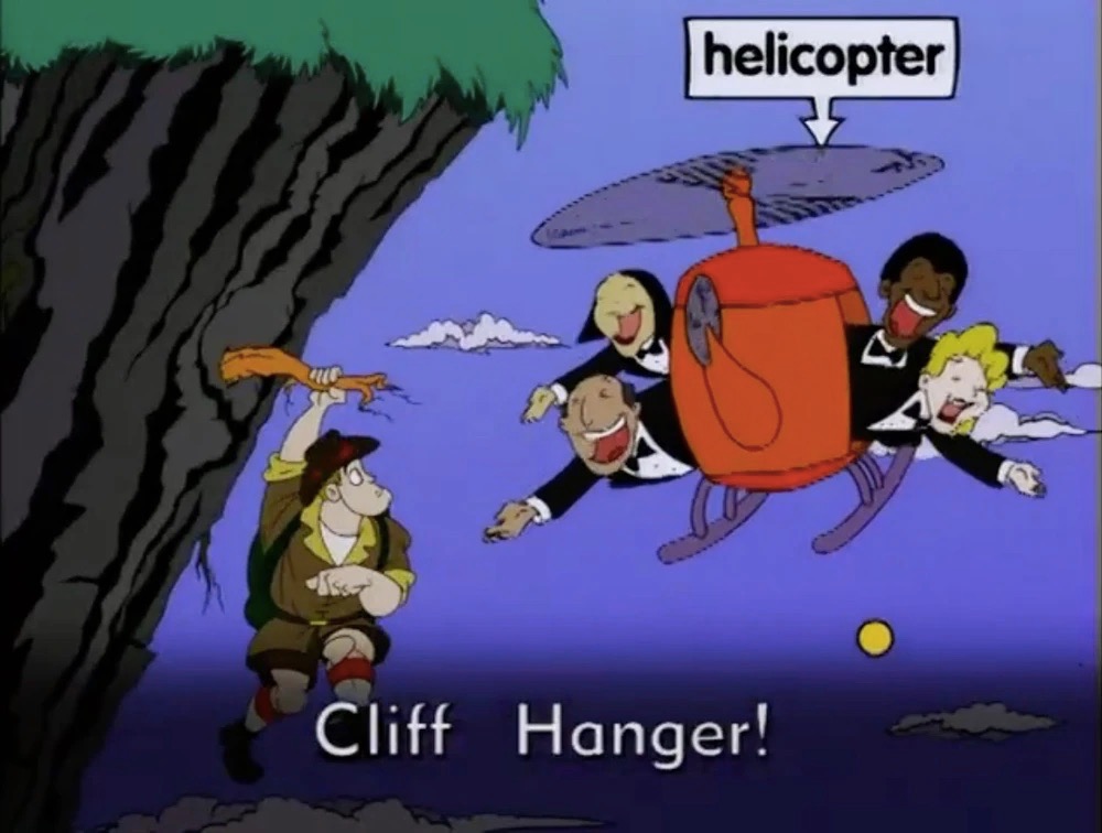 Still from Cliff Hanger, a recurring skit from the children's television show Between the Lions