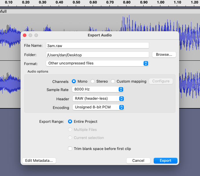 Screenshot of the Audacity application's audio export dialog, set for raw PCM data