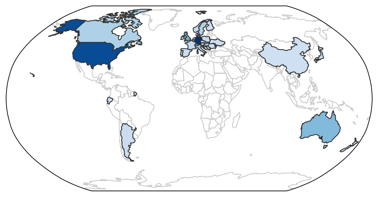 Heat map of survey respondents by country