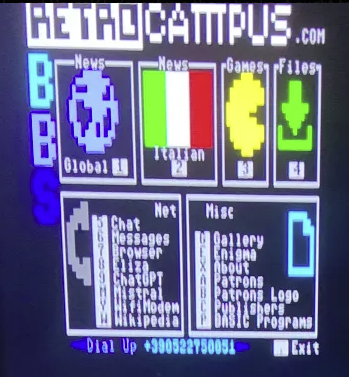 The BBS client from Mega-IP, by xlar54, connected to the RetroCampus.com BBS