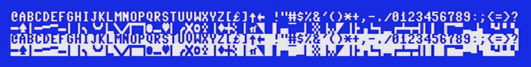 The familiar PETSCII uppercase character set, in 256 screen codes