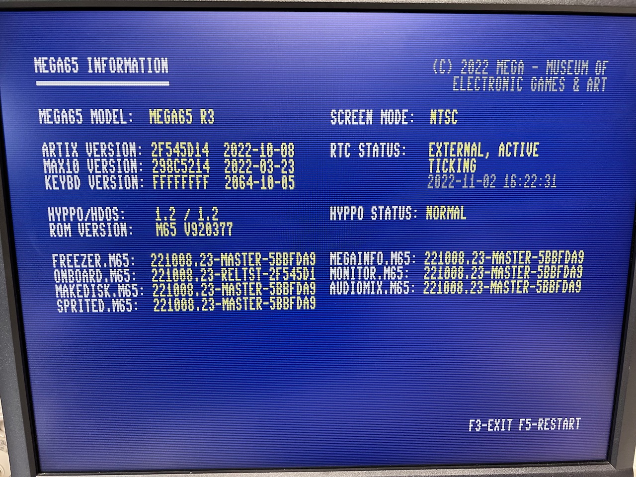 The MegaInfo utility showing a working Grove ("external") RTC