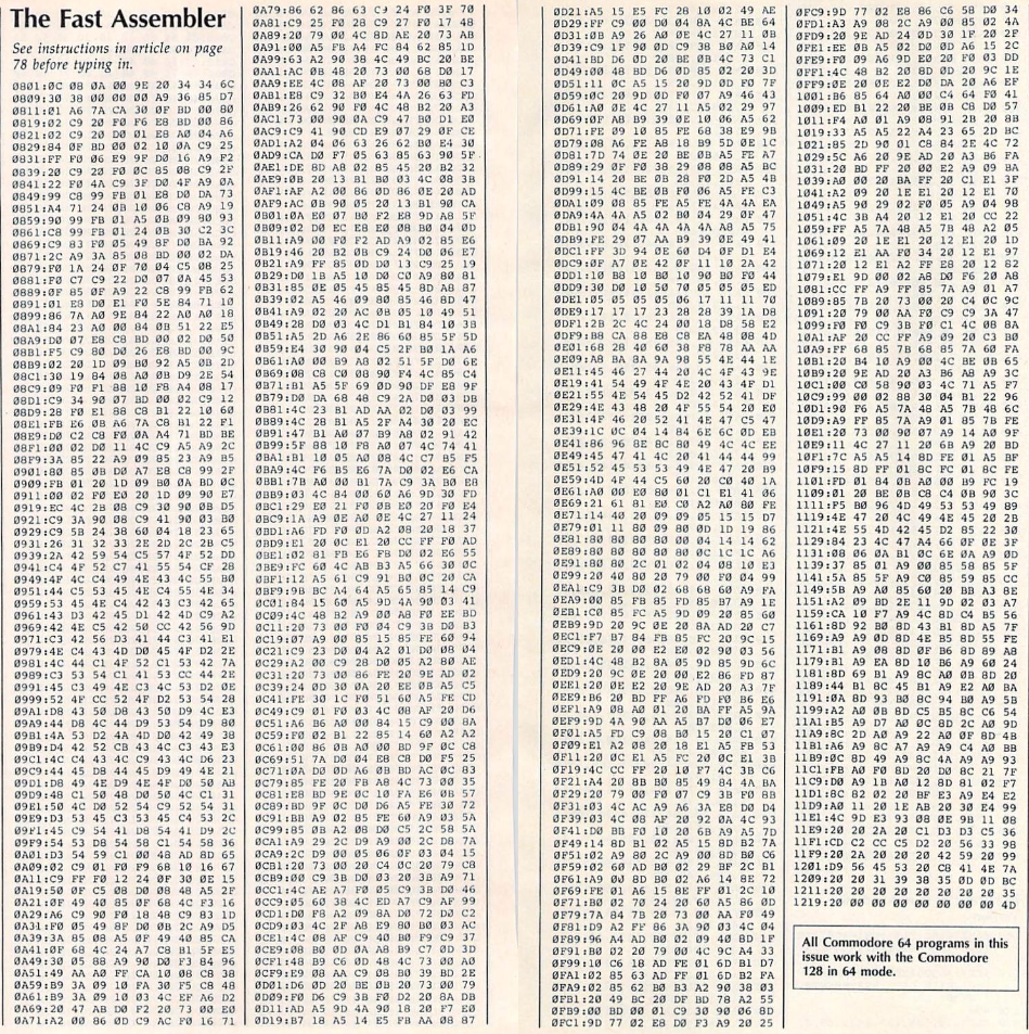 Fast Assembler, by Yves Han, published in Compute!'s Gazette magazine, January 1986, as an inscrutable list of numbers